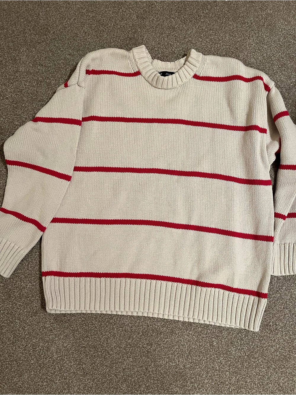 Gap 100% Cotton Oversized Relaxed Crewneck Sweater with Red Stripes Cream